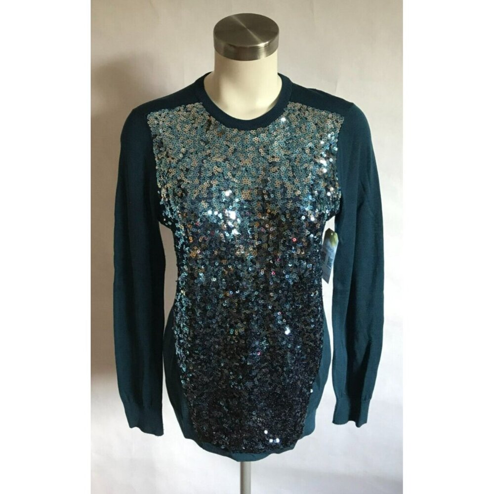 Magaschoni Blue Thin Knit Sweater W/ Full Sequin Panel in Front, Size Medium